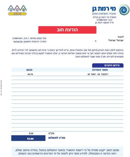 דוגמא להודעת חוב לצרכן